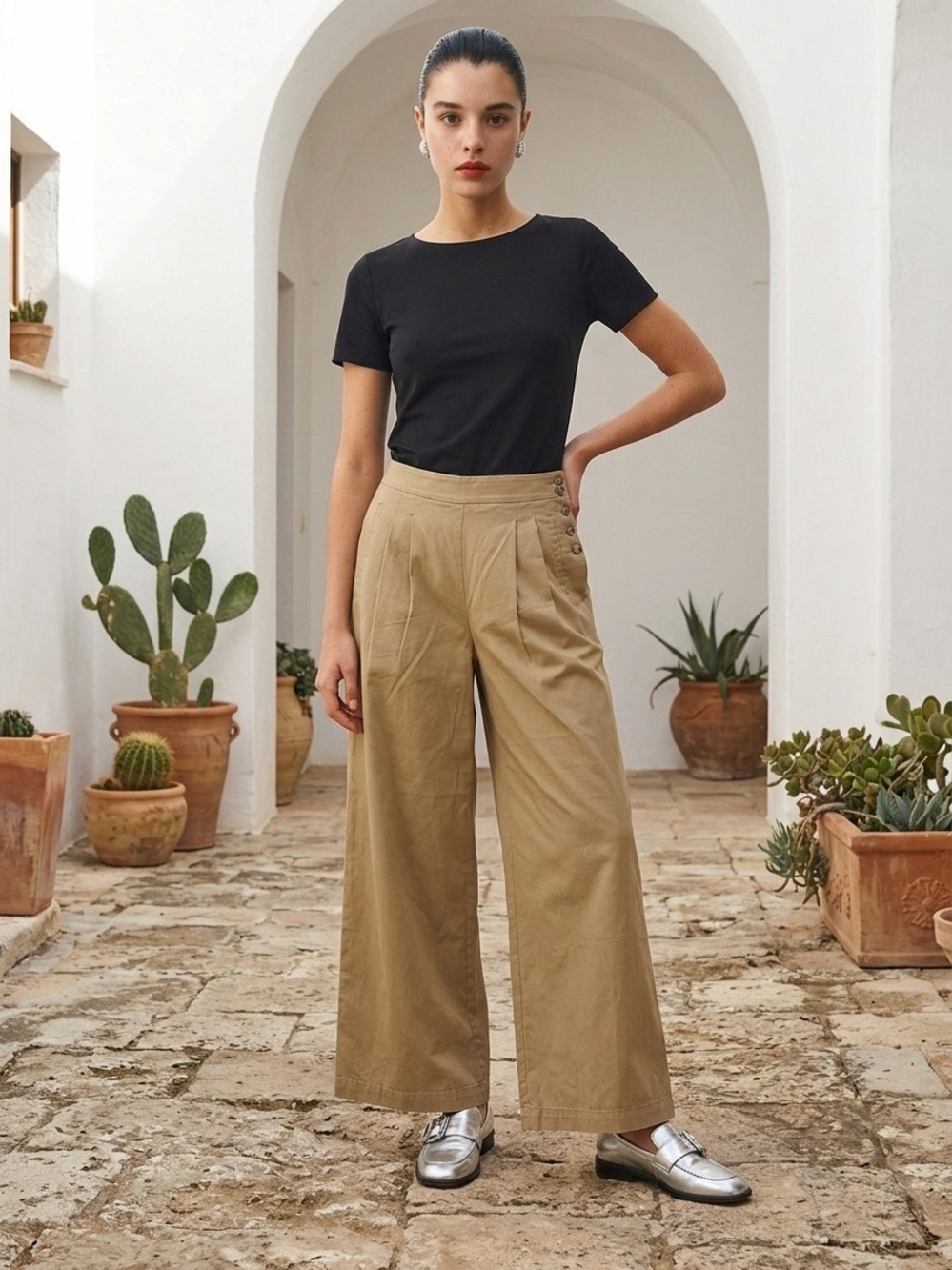 LOFT Sailor Button Light Academia Capsule Wardrobe Wide Leg Pants in Twill - Picture 2 of 13